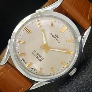 Vintage 1982 Fortis Manual Mens Silver Watch W/Leather Strap & Gold accents